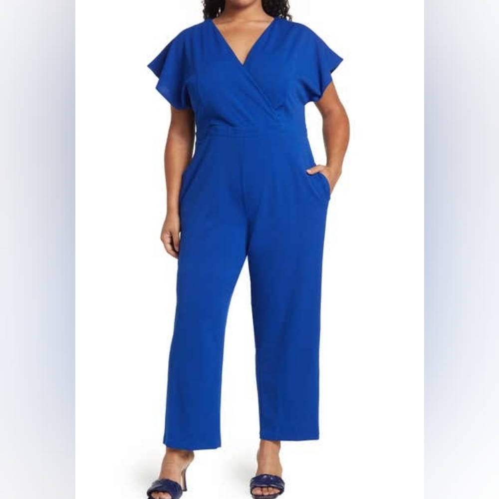 Surplice Neck Jumpsuit - Blue Size 18W